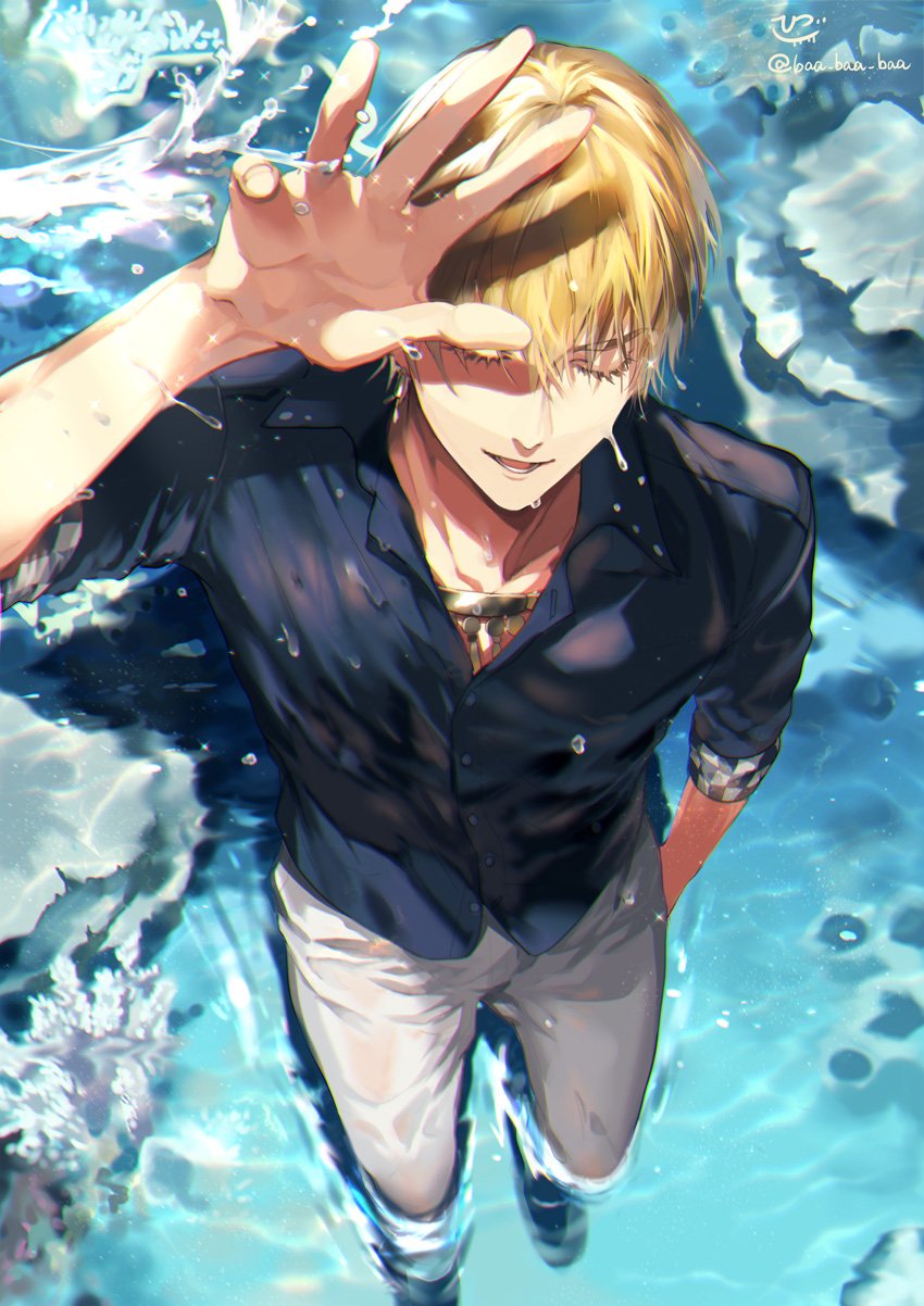 1boy bangs blonde_hair closed_eyes day earrings eyebrows_visible_through_hair fate/grand_order fate_(series) full_body gilgamesh gilgamesh_(caster)_(fate) hand_in_pocket highres jewelry male_focus open_mouth sakura_hitsuji shirt smile water wet wet_clothes wet_hair wet_shirt