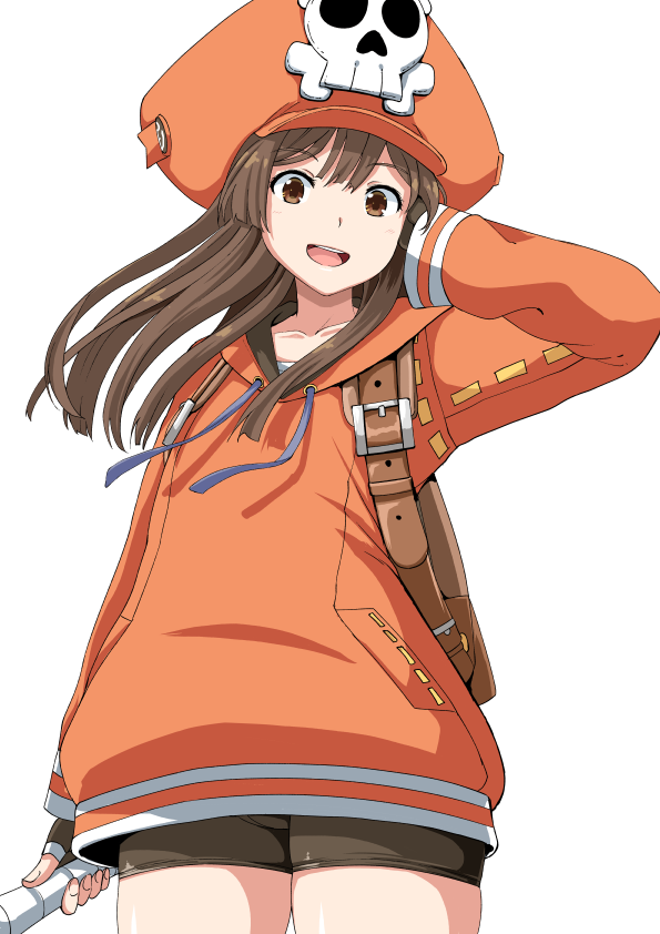 1girl :d backpack bag bike_shorts black_gloves brown_eyes brown_hair fingerless_gloves gloves guilty_gear guilty_gear_2020 hand_behind_head hat legs long_hair long_sleeves looking_at_viewer may_(guilty_gear) open_mouth orange_headwear orange_hoodie ponkotsu simple_background skull_and_crossbones smile solo white_background