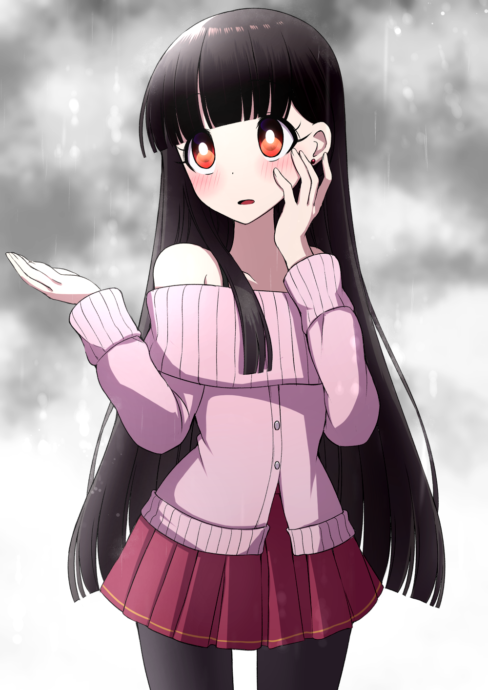1girl adapted_costume bangs bare_shoulders black_hair black_legwear blunt_bangs blush commentary_request cowboy_shot ear_piercing grey_background hand_on_own_cheek hands_up highres houraisan_kaguya long_hair long_sleeves miniskirt off-shoulder_sweater off_shoulder open_mouth pantyhose piercing pleated_skirt rain red_eyes red_skirt skirt solo standing sweater touhou tsukimirin very_long_hair