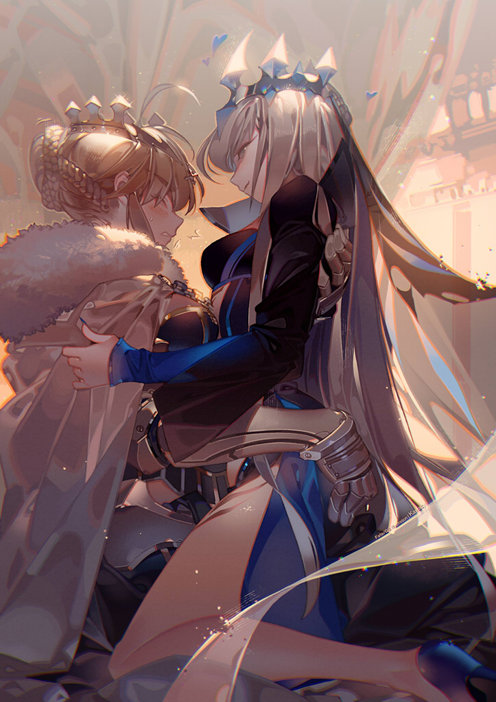 2girls ahoge artoria_pendragon_(all) artoria_pendragon_(lancer) bangs blonde_hair braid breasts cape commentary_request crown eyebrows_visible_through_hair fate/apocrypha fate/grand_order fate_(series) from_side gauntlets green_eyes hair_between_eyes incest kawacy large_breasts long_hair looking_at_viewer morgan_le_fay_(fate) multiple_girls sidelocks sitting very_long_hair wife_and_wife yuri