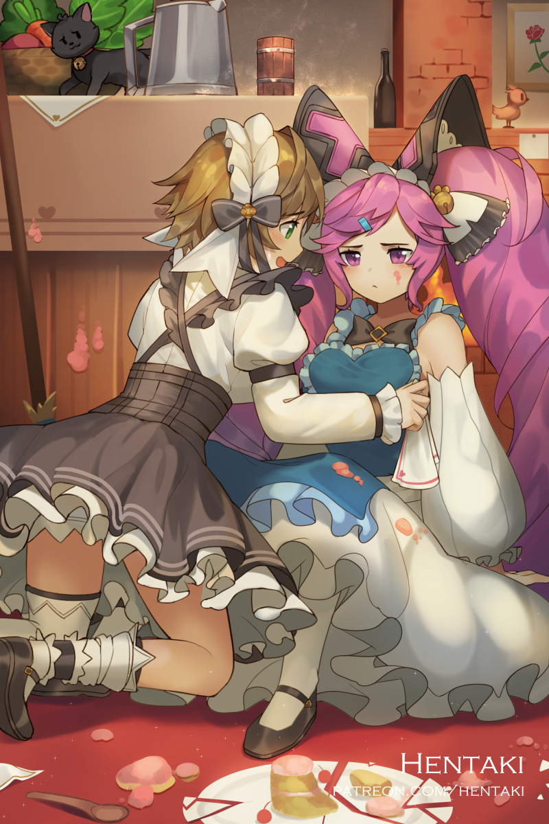 2girls artist_name bare_shoulders basket bell black_bow black_footwear bottle bow broken_plate carrot cat cleo_(dragalia_lost) commentary dragalia_lost english_commentary food hair_bell hair_bow hair_ornament hentaki highres implied_yuri kitchen light_brown_hair long_hair long_sleeves maid maid_headdress melody_(dragalia_lost) multiple_girls on_floor patreon_username purple_hair short_hair table thighs twintails vegetable very_long_hair watermark white_legwear wine_bottle