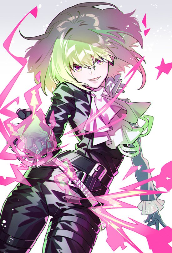 1boy belt black_gloves black_jacket cravat earrings fire frilled_shirt_collar frilled_sleeves frills gloves green_hair half_gloves jacket jewelry kurisu_takumi lio_fotia looking_at_viewer male_focus open_mouth promare short_hair smile solo violet_eyes