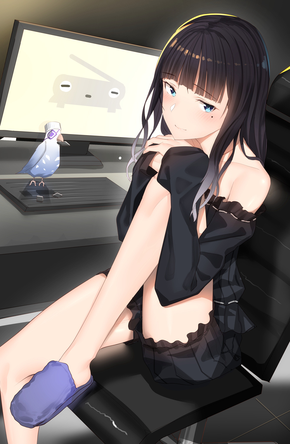 1girl bangs bare_shoulders bird black_shirt black_shorts blue_eyes blue_footwear blush chair commentary_request computer eyebrows_visible_through_hair frown highres keyboard_(computer) knee_up long_sleeves looking_at_viewer mole mole_under_eye monitor original pallad shirt shorts sitting solo virtual_youtuber