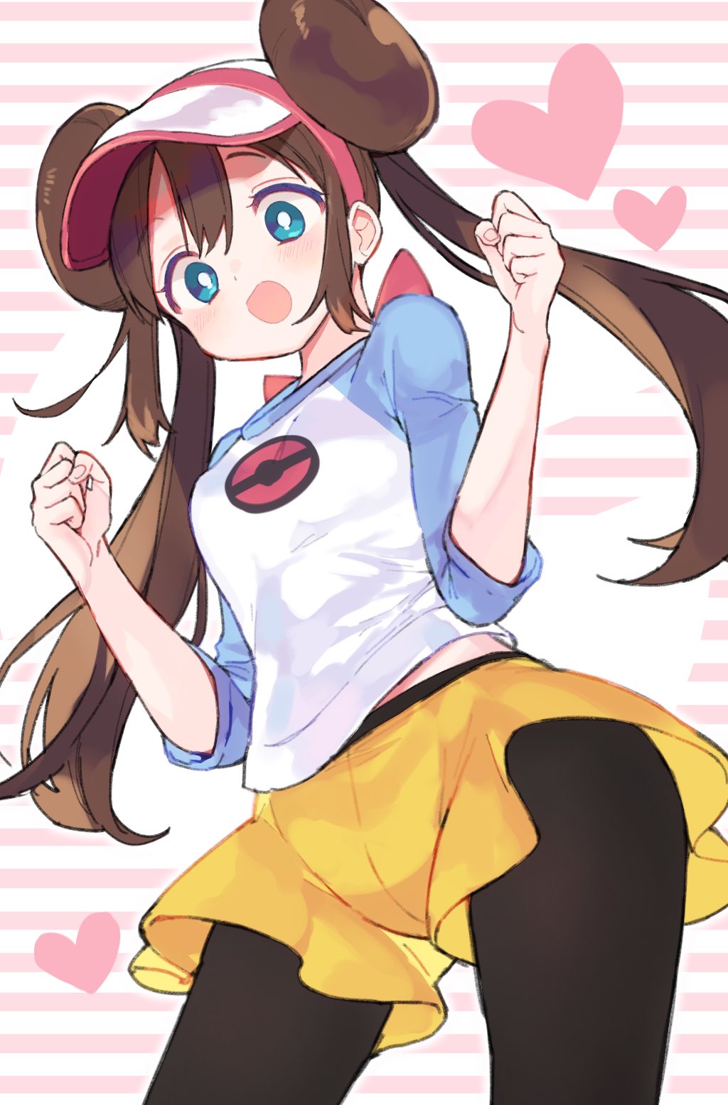 1girl :d black_legwear blue_eyes blush breasts brown_hair commentary cowboy_shot double_bun eyebrows_visible_through_hair from_below hair_between_eyes hands_up heart heart_background highres hiyo_kiki legwear_under_shorts long_hair long_sleeves mei_(pokemon) open_mouth pantyhose pink_background pleated_skirt pokemon pokemon_(game) pokemon_bw2 raglan_sleeves shorts sidelocks skirt small_breasts smile solo standing striped striped_background twintails very_long_hair visor_cap white_background yellow_shorts