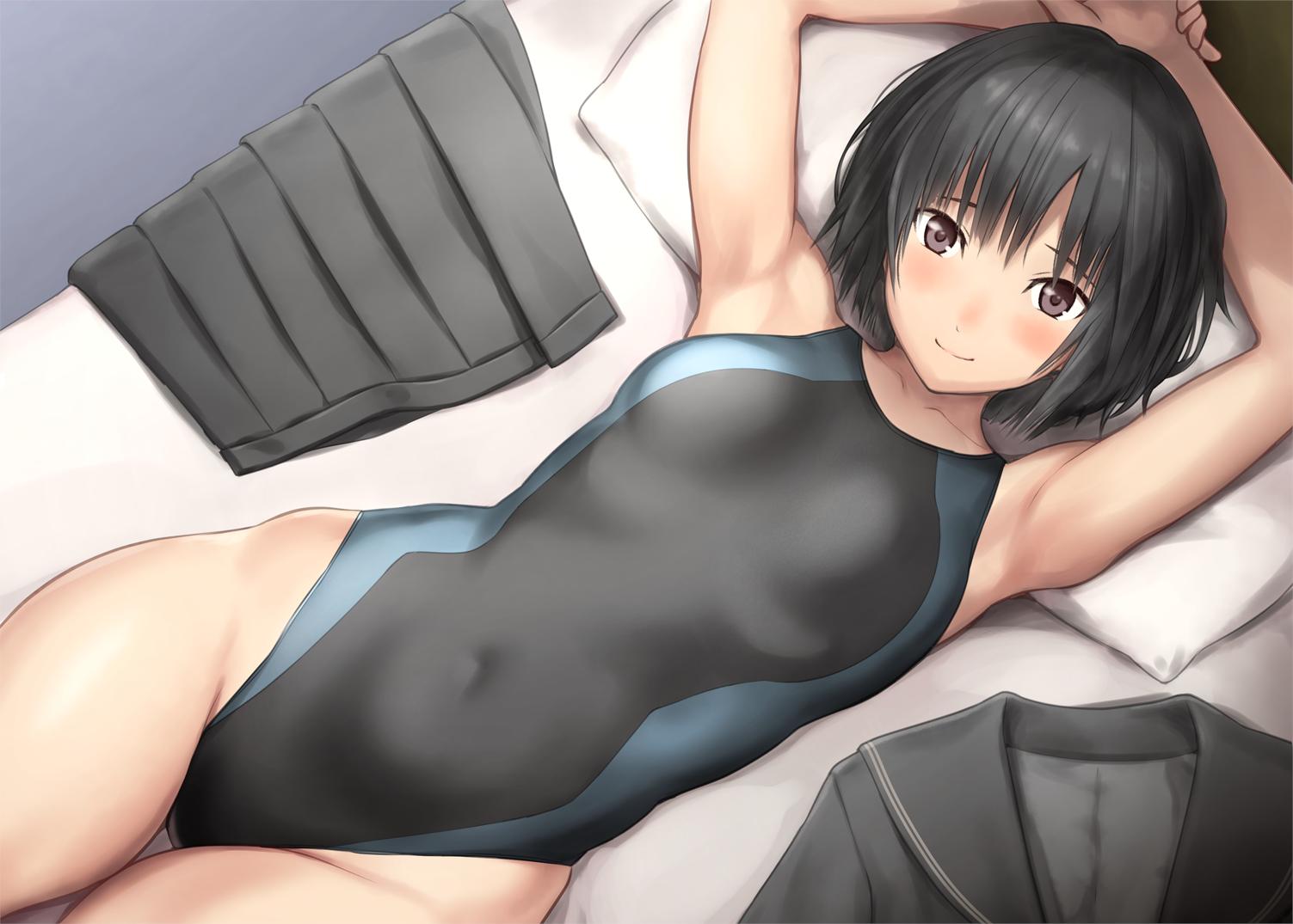 1girl amagami bed black_eyes black_hair black_sailor_collar black_swimsuit bob_cut breasts clothes_removed commentary_request competition_swimsuit covered_navel cowboy_shot grey_skirt kibito_high_school_uniform lying nanasaki_ai nozomi-y one-piece_swimsuit pleated_skirt sailor_collar school_uniform shirt_removed skirt skirt_removed small_breasts solo swimsuit thigh_gap two-tone_swimsuit