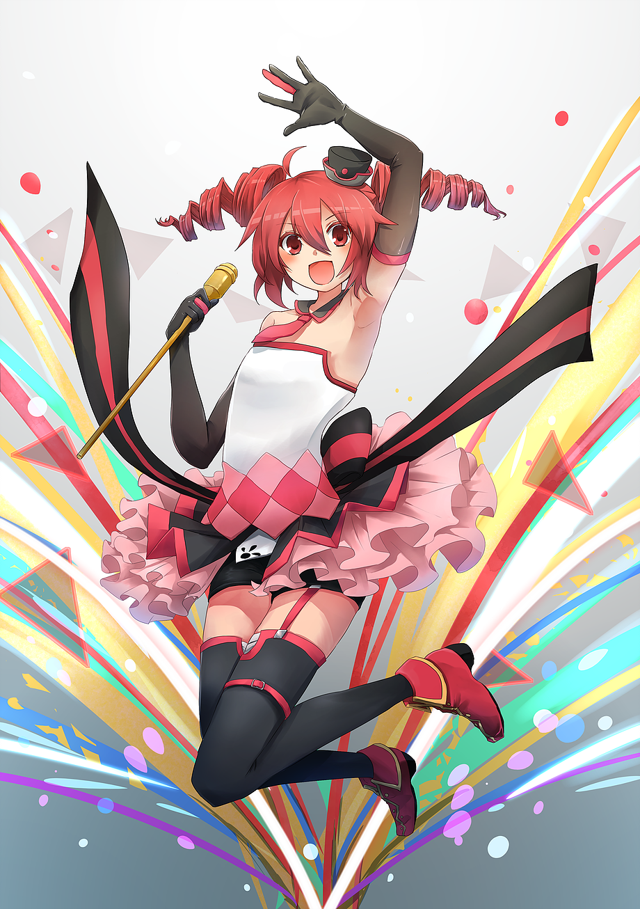 1girl arm_up armpits belt black_legwear black_shorts detached_collar dress_bow drill_hair elbow_gloves frilled_skirt frills garter_straps gloves hat highres holding holding_staff jumping kasane_teto katai_ameshi legs_up looking_at_viewer microphone mini_hat necktie open_mouth outstretched_hand party_popper pink_skirt promotional_art red_neckwear redhead shirt shoes short_hair short_necktie shorts shorts_under_skirt skirt smile solo staff thigh-highs thigh_strap triangle twin_drills utau white_shirt zettai_ryouiki