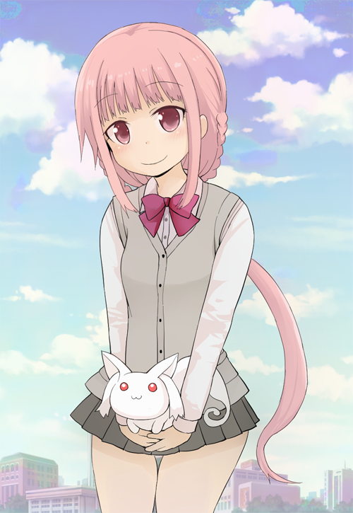 1girl bangs black_skirt blue_sky blush bow braid building cardigan_vest closed_mouth clouds cloudy_sky collared_shirt creature day dress_shirt eyebrows_visible_through_hair fujisaka_lyric holding kyubey long_hair magia_record:_mahou_shoujo_madoka_magica_gaiden mahou_shoujo_madoka_magica outdoors pink_hair pleated_skirt red_bow red_eyes shirt sidelocks skirt sky smile tamaki_iroha very_long_hair white_shirt