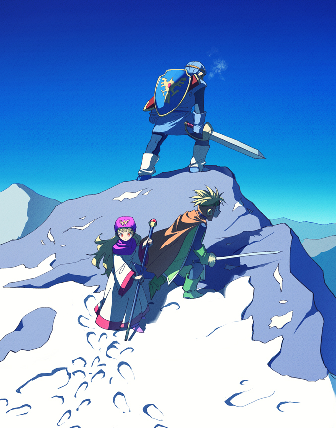 1girl 2boys blonde_hair cape commentary_request curly_hair dragon_quest dragon_quest_ii dress gloves goggles goggles_on_headwear hat hood long_hair multiple_boys prince_of_lorasia prince_of_samantoria princess_of_moonbrook red_eyes snow spiky_hair staff sword weapon white_robe yuza