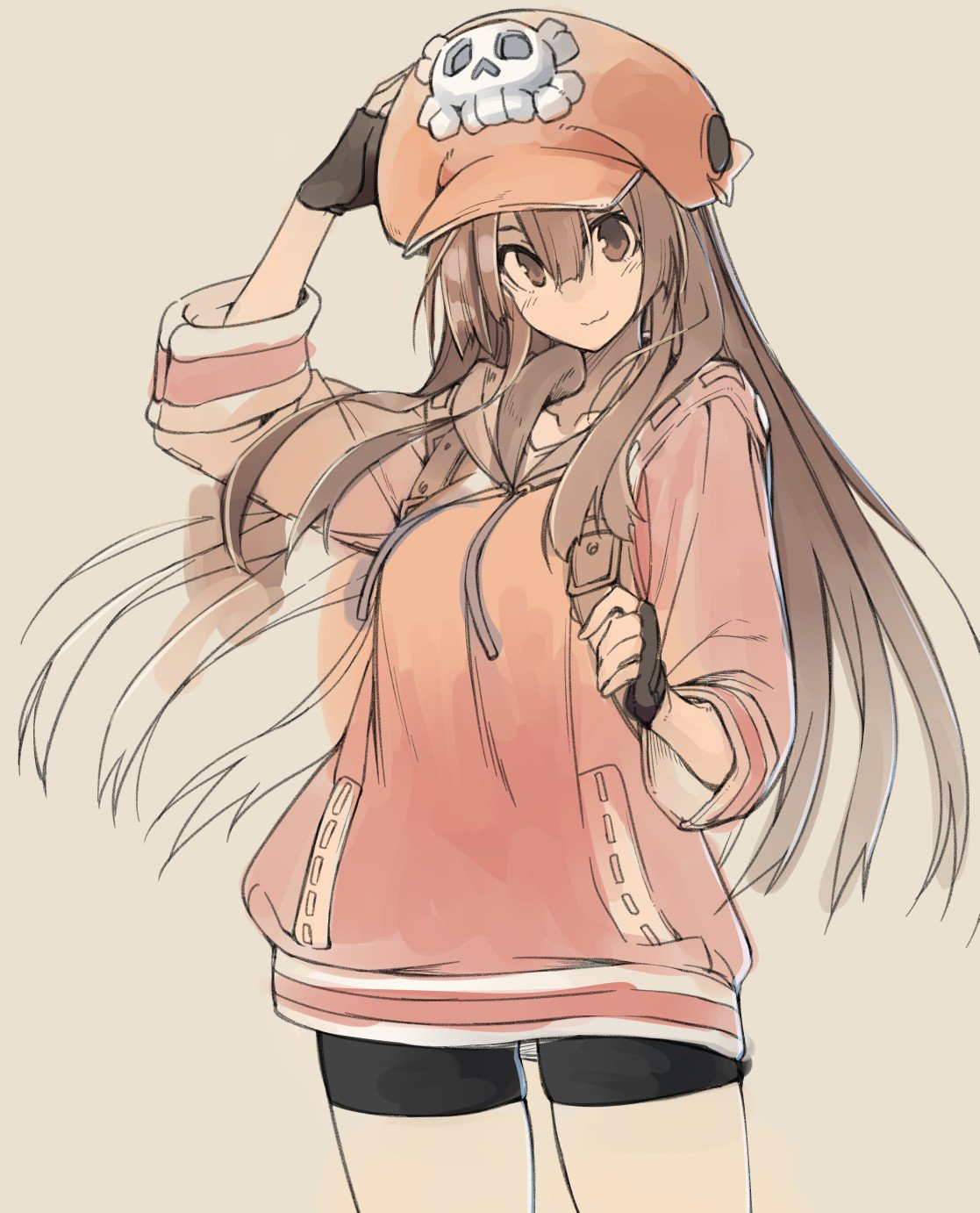 10mo 1girl arm_up backpack bag beige_background black_gloves black_legwear blush brown_eyes brown_hair closed_mouth collarbone fingerless_gloves gloves guilty_gear hair_between_eyes hat highres hood hoodie long_hair may_(guilty_gear) orange_headwear orange_hoodie simple_background sketch skull smile solo standing