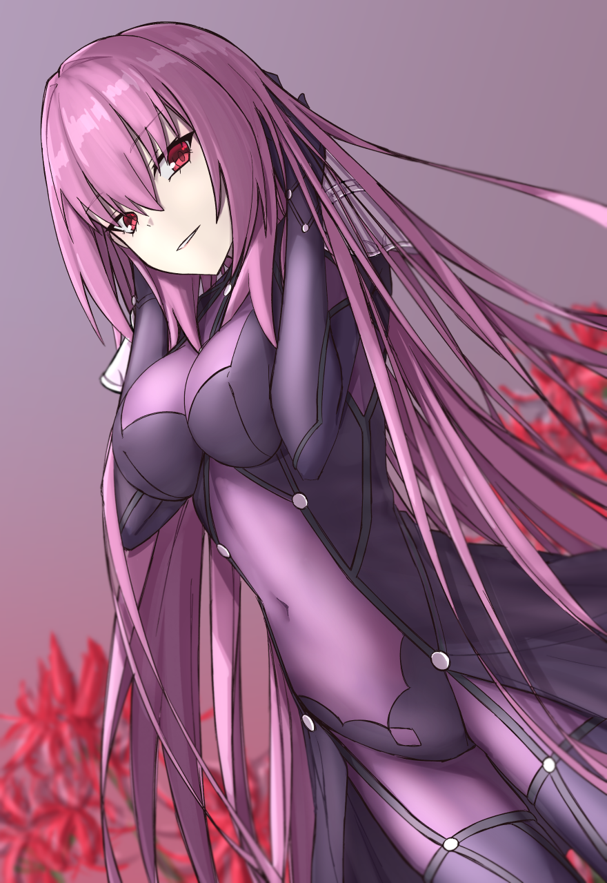 1girl bangs blush bodysuit breasts commentary_request elfenlied22 fate/grand_order fate_(series) flower highres large_breasts long_hair looking_at_viewer navel purple_bodysuit purple_hair red_eyes red_flower scathach_(fate)_(all) scathach_(fate/grand_order) simple_background smile solo very_long_hair