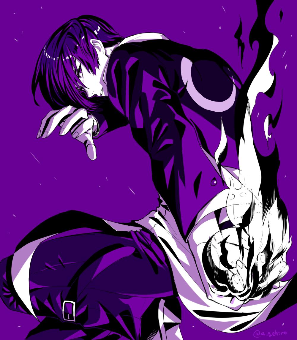 1boy crescent_moon crescent_print fire from_behind hair_over_one_eye juu_satoshi looking_back male_focus monochrome moon purple_background solo the_king_of_fighters yagami_iori