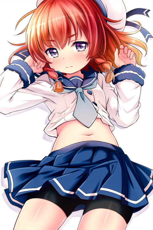 1girl ayase_midori bangs beret bike_shorts black_shorts blue_neckwear blue_sailor_collar blue_skirt blush braid brown_hair closed_mouth commentary_request etorofu_(kantai_collection) eyebrows_visible_through_hair fingernails gradient_hair grey_ribbon hair_ribbon hands_up hat kantai_collection long_sleeves lying multicolored_hair navel on_back pleated_skirt redhead ribbon sailor_collar school_uniform serafuku shirt shirt_lift short_shorts shorts side_braids skirt solo twin_braids v-shaped_eyebrows violet_eyes white_background white_headwear white_shirt