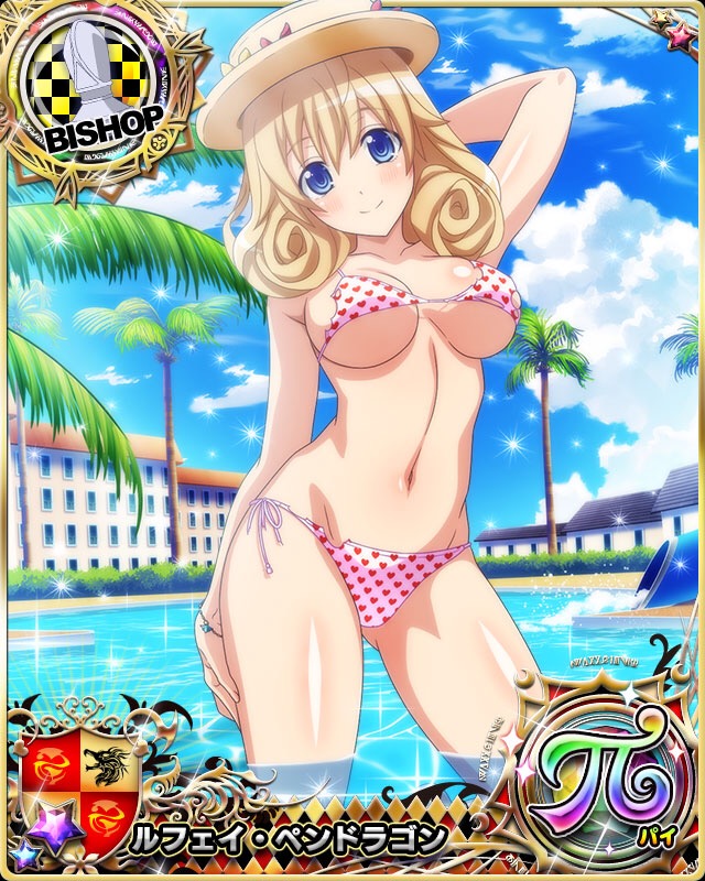 1girl arm_behind_head bikini bishop_(chess) blonde_hair blue_eyes blush bracelet breasts card_(medium) character_name chess_piece closed_mouth day hat high_school_dxd high_school_dxd_hero high_school_dxd_pi jewelry le_fay_pendragon long_hair looking_at_viewer medium_breasts navel official_art smile solo swimsuit torn_bikini torn_clothes trading_card water