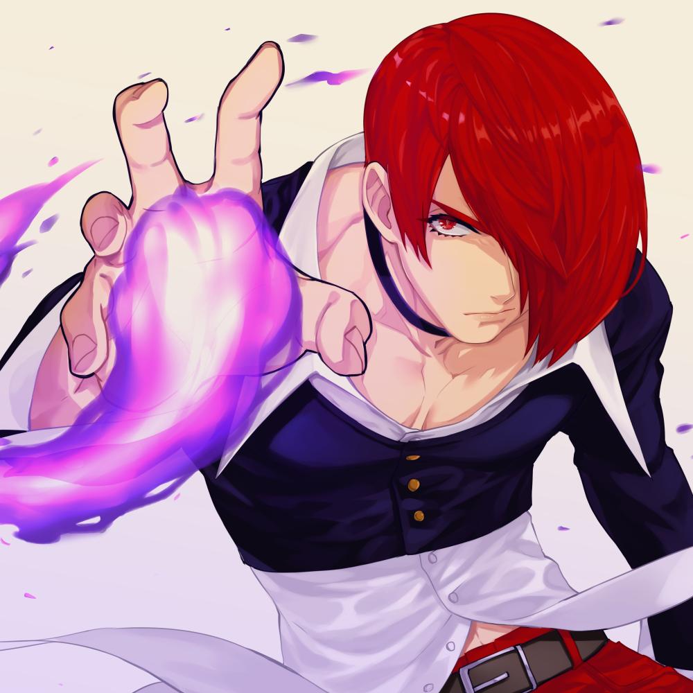1boy belt choker eyelashes fire hair_over_one_eye juu_satoshi looking_at_viewer male_focus outstretched_hand purple_fire red_eyes redhead solo the_king_of_fighters yagami_iori