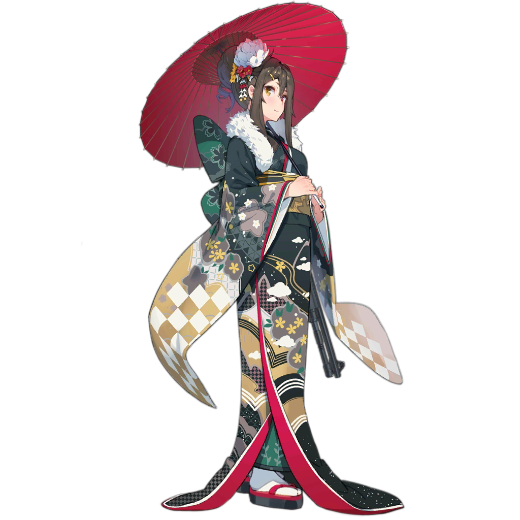 1girl alternate_costume bangs benelli_m1014 black_footwear black_kimono blush breasts brown_hair closed_mouth ddal flower from_side full_body geta girls_frontline gun hair_bun hair_flower hair_ornament hairclip heterochromia holding holding_umbrella japanese_clothes kimono long_sleeves looking_at_viewer looking_to_the_side m1014_(girls_frontline) medium_breasts obi official_art oriental_umbrella print_kimono red_eyes sandals sash shawl shotgun smile standing tabi transparent_background umbrella weapon white_legwear wide_sleeves yellow_eyes