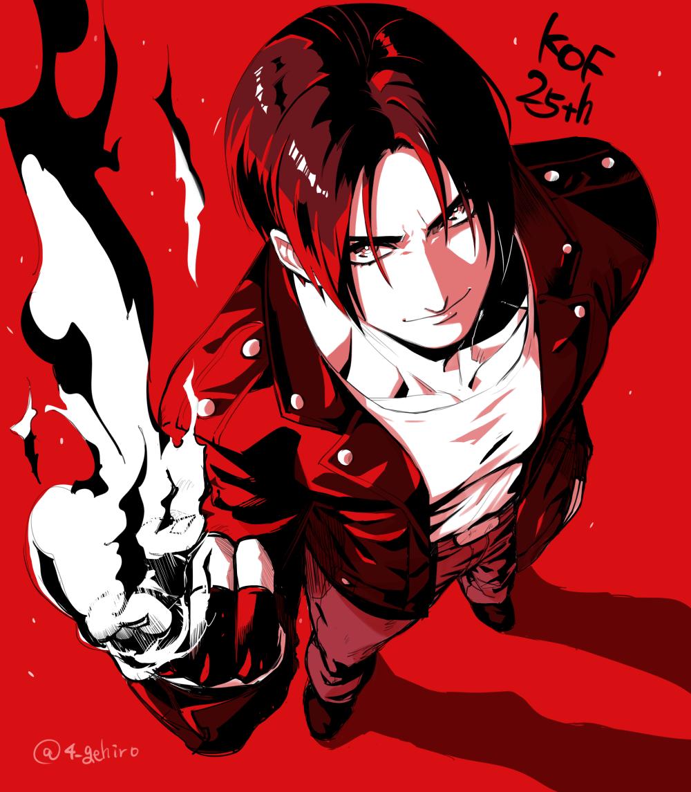 1boy anniversary bangs fingerless_gloves fire from_above gloves jacket juu_satoshi kusanagi_kyou looking_at_viewer male_focus parted_bangs pointing pointing_up red_background smile solo the_king_of_fighters