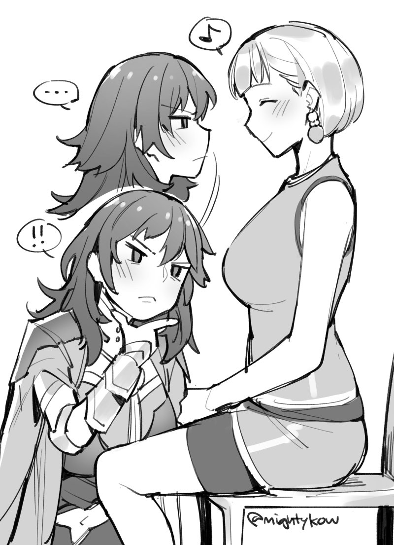 !! &gt;:( ... 2girls arm_guards blush breasts byleth_(fire_emblem) byleth_eisner_(female) cape chair closed_eyes closed_mouth detached_collar fire_emblem fire_emblem:_three_houses gameplay_mechanics gebyy-terar hand_up jacket_on_shoulders large_breasts long_hair looking_at_another looking_at_breasts mercedes_von_marltritz monochrome multiple_girls musical_note navel navel_cutout older profile short_hair sitting sleeveless smile spoken_musical_note staring