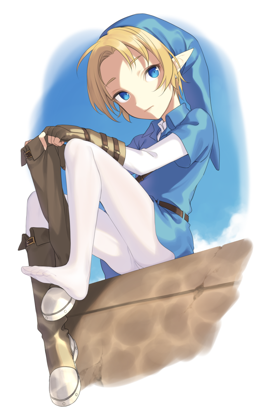 1boy alternate_costume ass bangs belt blonde_hair blue_eyes blue_headwear blue_shirt boots brown_belt brown_footwear brown_gloves clouds commentary_request fingerless_gloves full_body gloves highres link looking_at_viewer meimone pantyhose shirt shoes_removed sitting solo the_legend_of_zelda white_legwear