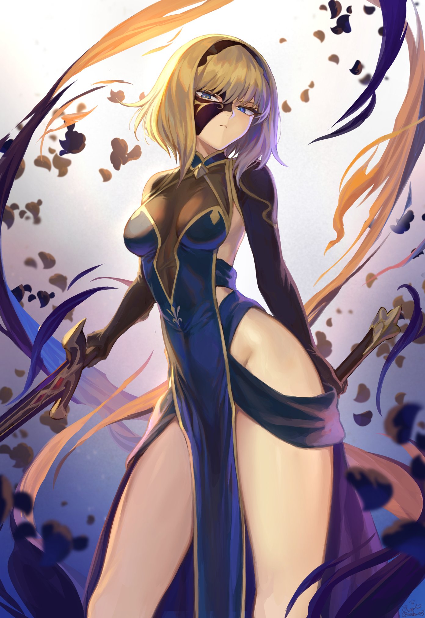 1girl blue_dress blue_eyes breasts character_request copyright_request dress dual_wielding hairband half_mask highres hip_focus holding looking_at_viewer mashuu_(neko_no_oyashiro) mask medium_breasts pelvic_curtain petals short_hair solo sword thighs weapon