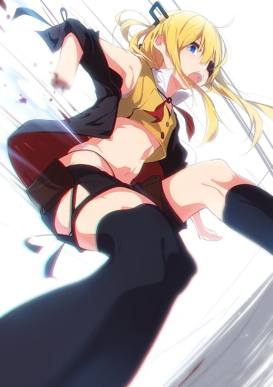 1girl amputee armpits black_jacket black_legwear black_shorts blonde_hair blue_eyes crop_top eyepatch girls_frontline highres jacket katuo1129 midriff missing_limb navel open_clothes open_jacket open_mouth short_hair shorts skorpion_(girls_frontline) solo thigh-highs twintails