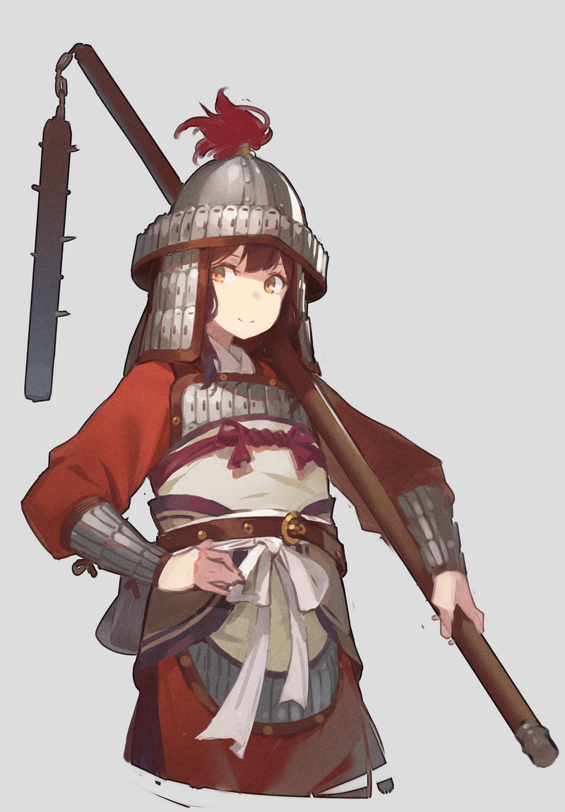 1girl brown_hair chinese_armor fangdan_runiu hand_on_hip helmet holding holding_weapon long_hair original smile solo weapon yellow_eyes