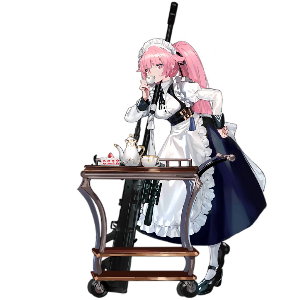 1girl alternate_costume anti-materiel_rifle apron bangs belt black_footwear black_ribbon breasts buckle cake cup dress drinking eyebrows_visible_through_hair food frills girls_frontline gun hand_on_hip holding holding_cup juliet_sleeves leg_up logo long_hair long_sleeves looking_at_cup maid maid_headdress mary_janes multiple_belts neck_ribbon ntw-20 ntw-20_(girls_frontline) official_art pantyhose pink_eyes pink_hair pinky_out puffy_sleeves ran_(pixiv2957827) ribbon rifle saucer scope shoes sidelocks skirt sniper_rifle solo table tassel teacup teapot transparent_background very_long_hair weapon white_legwear white_ribbon