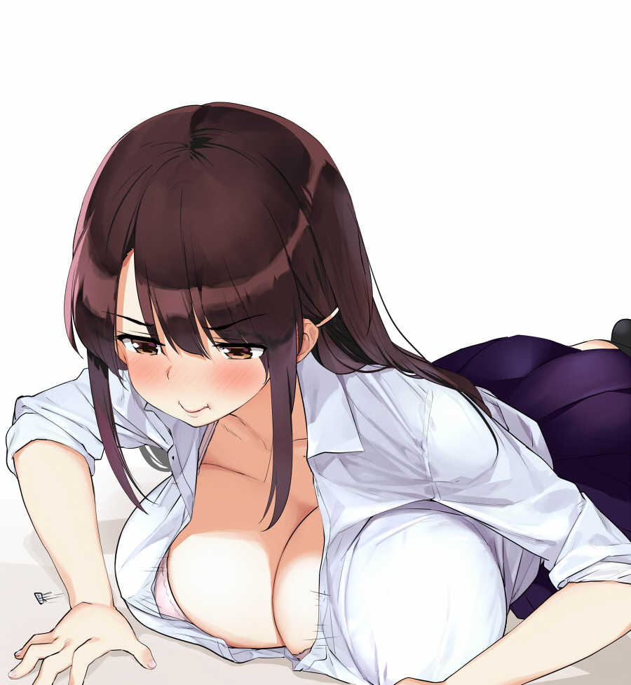 1girl blue_skirt blush bra breasts brown_eyes brown_hair bursting_breasts closed_mouth collared_shirt dress_shirt exercise hair_ornament hairclip kaisen_chuui large_breasts long_hair looking_down motion_lines original pleated_skirt push-ups school_uniform shadow shirt shirt_tucked_in skirt solo underwear white_bra white_shirt