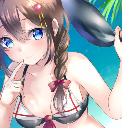 1girl bikini_top blue_eyes blush braid brown_hair hair_flaps hair_ornament kantai_collection lowres mashiro_aa shigure_(kantai_collection) single_braid smile solo