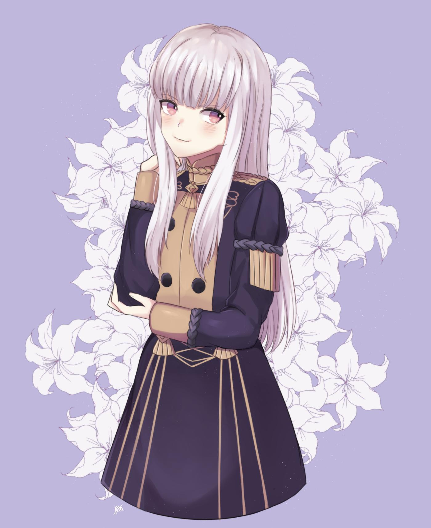 1girl artist_request bangs blush closed_mouth epaulettes fire_emblem fire_emblem:_three_houses garreg_mach_monastery_uniform highres jacket long_hair long_sleeves looking_at_viewer lysithea_von_ordelia pink_eyes simple_background smile solo uniform upper_body violet_eyes white_background white_hair