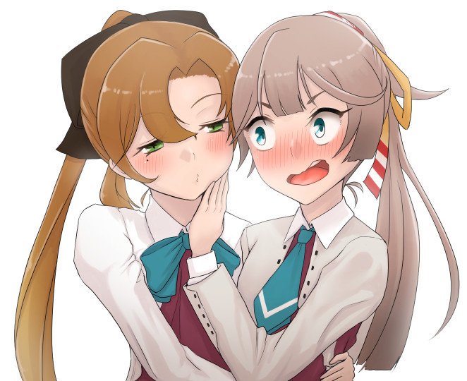 2girls akigumo_(kantai_collection) blazer bow bowtie brown_hair commentary_request eye_contact green_eyes green_neckwear grey_eyes hair_ribbon jacket kantai_collection kazagumo_(kantai_collection) long_hair looking_at_another multiple_girls namiki_kojiro necktie o3o ponytail puckered_lips remodel_(kantai_collection) ribbon school_uniform shirt simple_background upper_body wavy_mouth white_background white_shirt