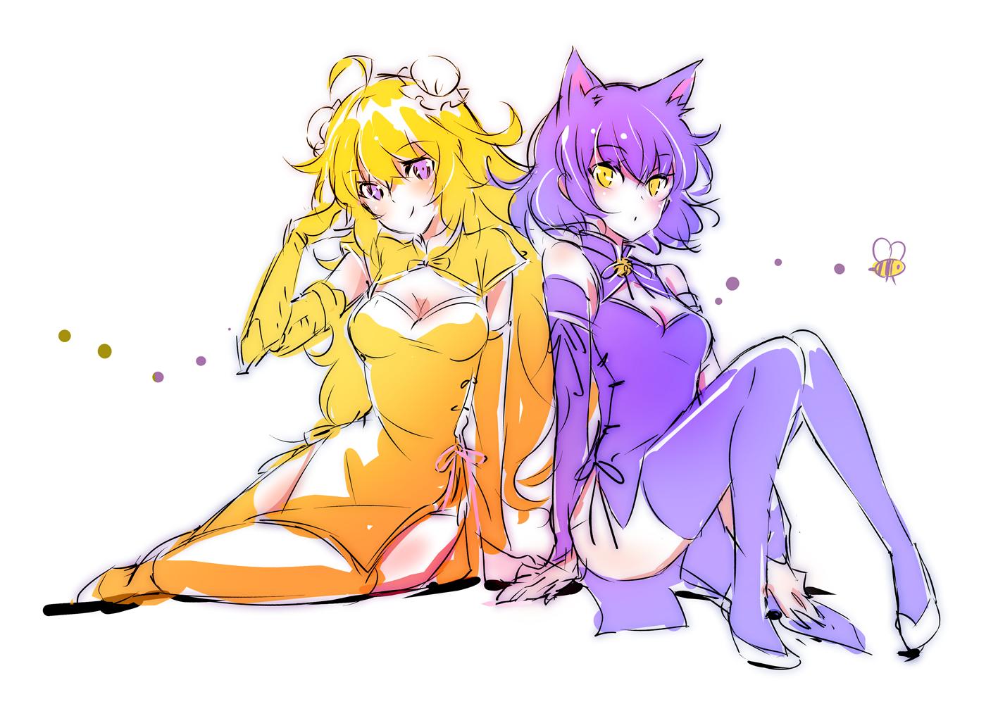 2girls ahoge animal_ears black_hair blake_belladonna blonde_hair bun_cover cat_ears china_dress chinese_clothes cleavage_cutout double_bun dress earrings iesupa jewelry limited_palette long_hair multiple_girls pelvic_curtain prosthesis prosthetic_arm rwby sketch violet_eyes wavy_hair yang_xiao_long yellow_eyes