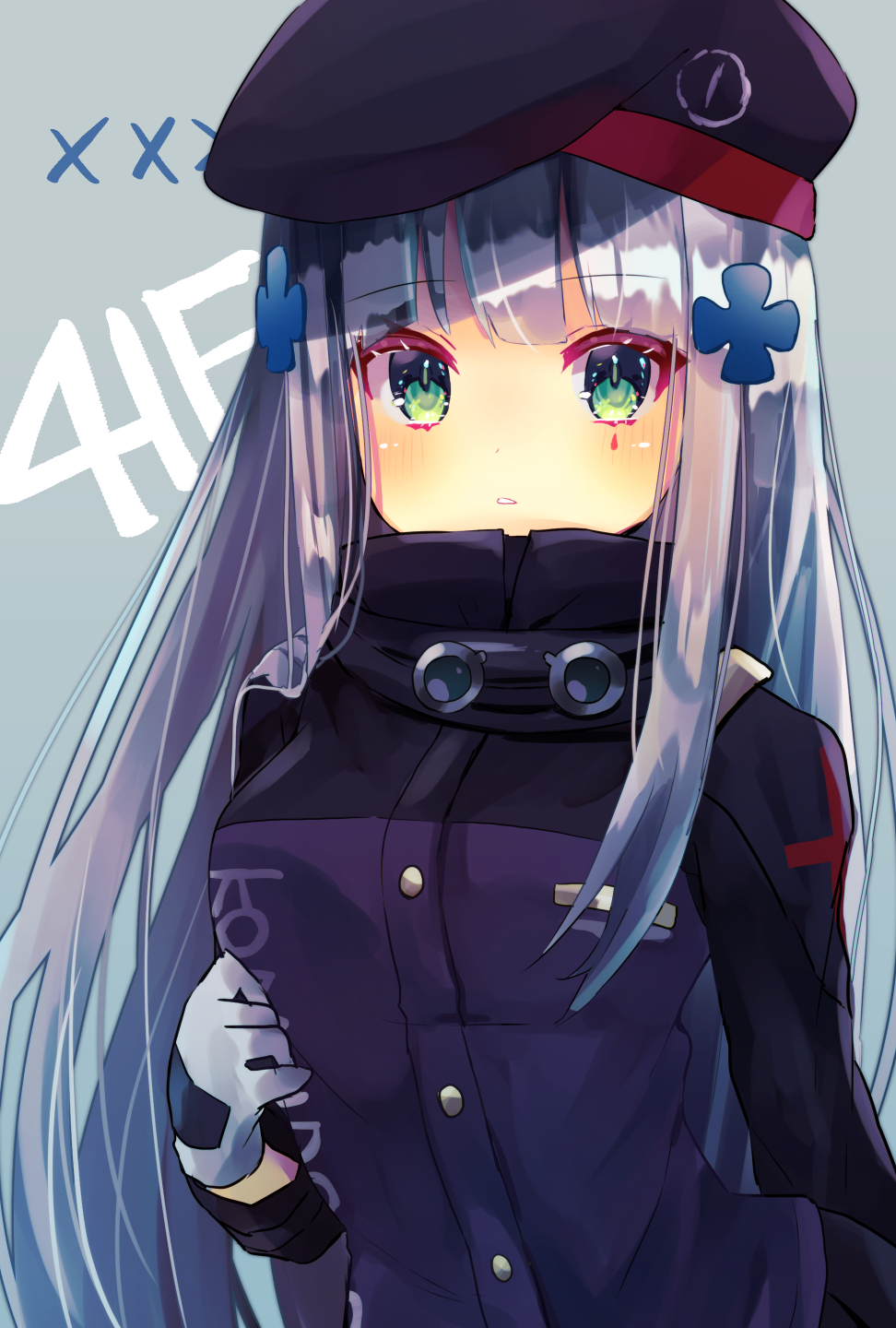 1girl bangs beniko_(ymdbnk) beret blue_hair blush breasts character_name commentary eyebrows_visible_through_hair facial_mark girls_frontline gloves green_eyes grey_background hair_ornament hat high_collar highres hk416_(girls_frontline) jacket long_hair long_sleeves looking_at_viewer medium_breasts parted_lips purple_headwear purple_jacket simple_background solo upper_body very_long_hair white_gloves