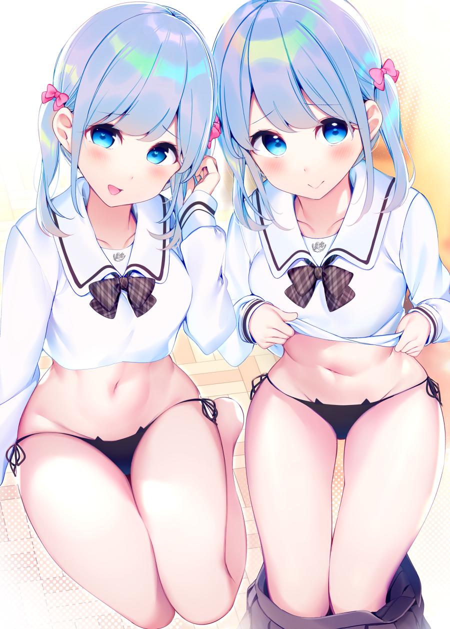 2girls :d black_panties blue_eyes blue_hair blush bow breasts brown_bow brown_skirt cat_ear_panties chikuwa. closed_mouth collarbone collared_shirt commentary_request groin hair_bow hand_up highres lifted_by_self long_hair long_sleeves looking_at_viewer medium_breasts multiple_girls nachi_(kantai_collection) open_mouth original panties pink_bow plaid plaid_bow pleated_skirt shirt shirt_lift side-tie_panties sitting skirt skirt_pull sleeves_past_wrists smile twintails underwear white_shirt