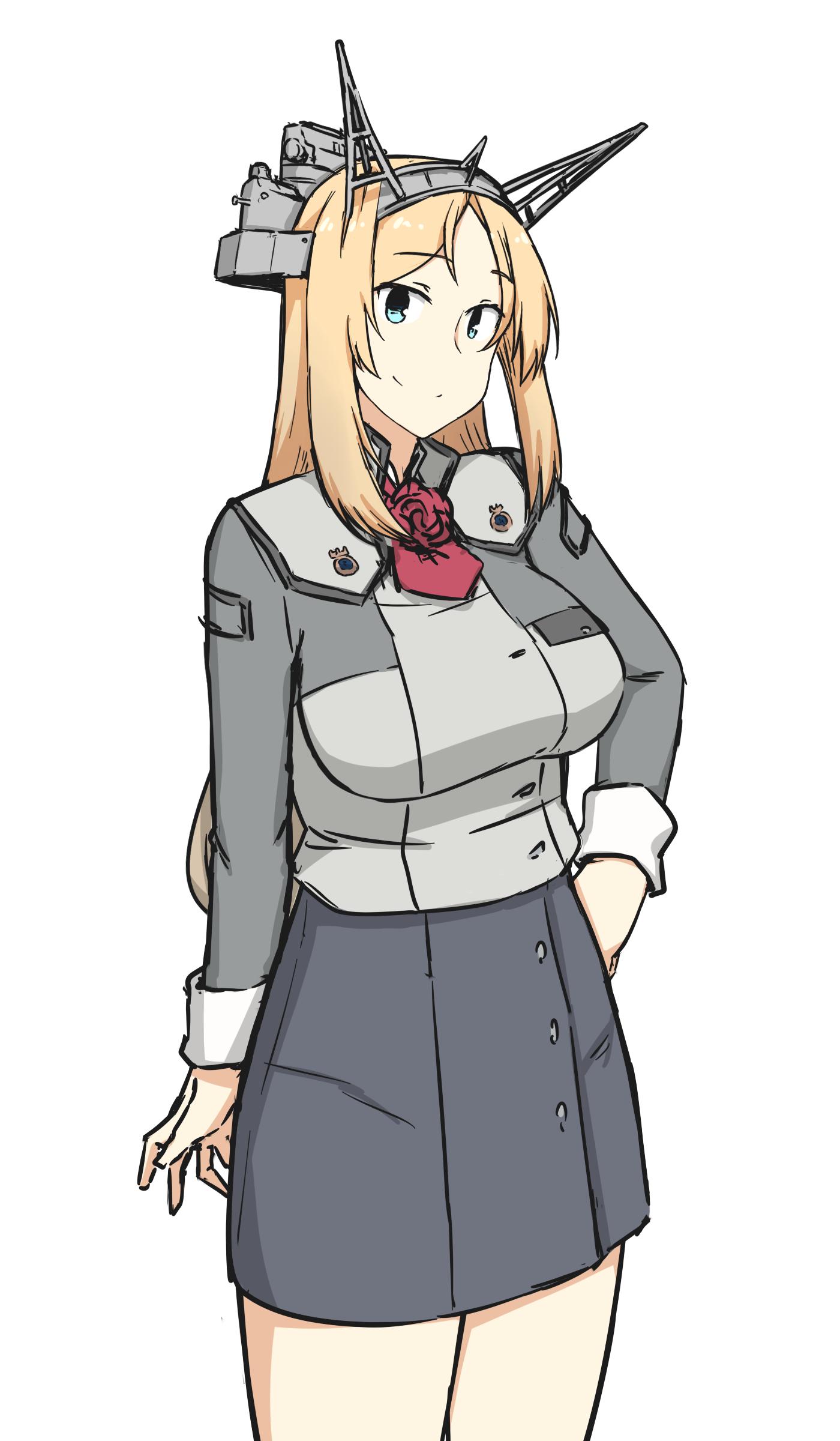 1girl absurdres ascot badge blonde_hair blue_eyes breasts commentary_request cowboy_shot disconnected_mouth hamu_koutarou headgear highres kantai_collection large_breasts long_hair long_sleeves looking_at_viewer military military_uniform nelson_(kantai_collection) pencil_skirt red_neckwear simple_background skirt smile solo standing thigh-highs uniform white_background