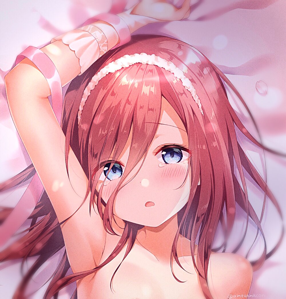 1girl amedamacon arm_up bangs bed_sheet blue_eyes blurry blurry_background blush collarbone commentary_request depth_of_field eyebrows_visible_through_hair go-toubun_no_hanayome hair_between_eyes long_hair looking_at_viewer lying nakano_miku nude on_back parted_lips petals pink_ribbon redhead ribbon solo tears twitter_username upper_body wrist_cuffs