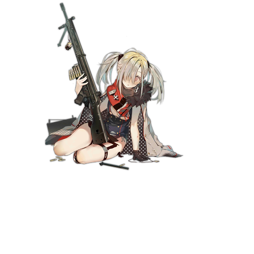 1girl bangs black_gloves blush closed_mouth coat cross full_body girls_frontline glasses gloves grey_hair gun hair_ornament hair_over_one_eye hk21_(girls_frontline) holding holding_gun holding_weapon jewelry leaning leaning_to_the_side legs long_hair looking_at_viewer machine_gun on_floor red_scarf round_eyewear scarf shells sitting sleeveless solo thigh_strap torn_clothes transparent_background twintails violet_eyes weapon xiao_chichi