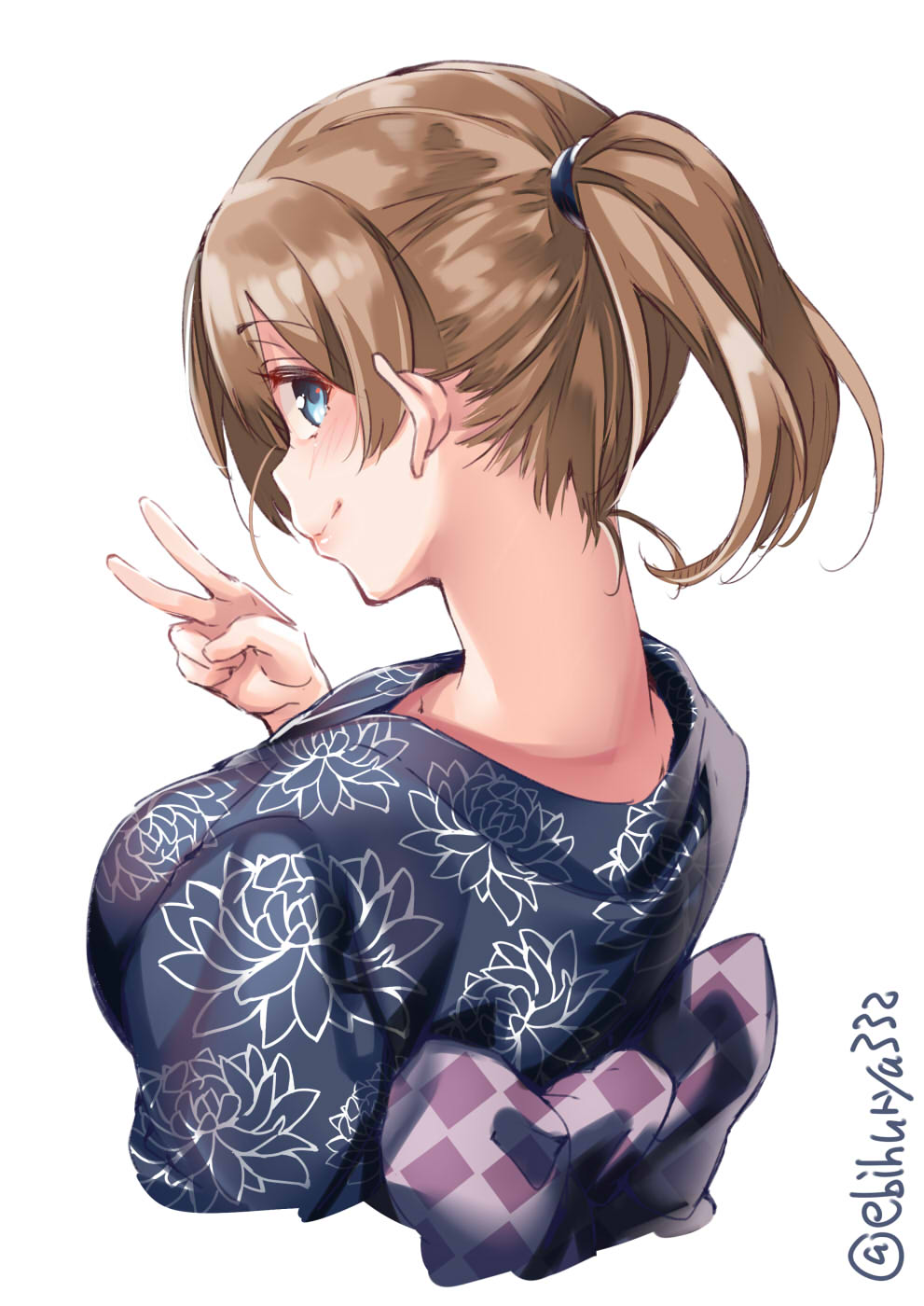 1girl alternate_costume blue_eyes blue_kimono brown_hair checkered_obi commentary_request ebifurya floral_print from_behind highres intrepid_(kantai_collection) japanese_clothes kantai_collection kimono looking_at_viewer obi ponytail print_kimono sash short_hair simple_background smile solo twitter_username upper_body v white_background
