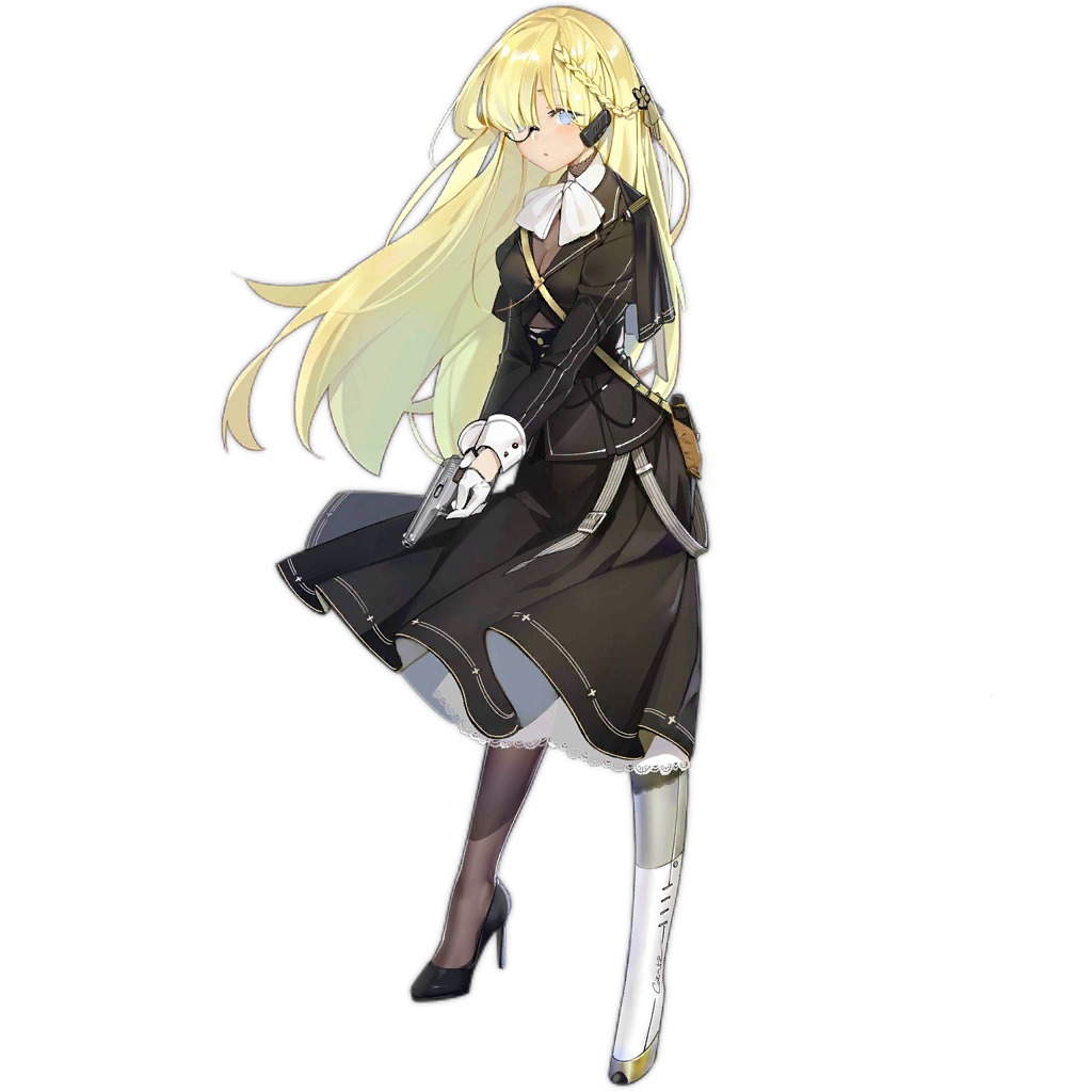 1girl :o black_clothes black_dress black_footwear blonde_hair blue_eyes braid breasts cz52_(girls_frontline) cz_52 dress girls_frontline gloves gun hair_between_eyes hair_ornament half_gloves handgun high_heels holding holding_gun holding_weapon holster long_hair long_sleeves looking_at_viewer mechanical mechanical_leg mechanical_parts monocle official_art pistol shoes solo standing transparent_background weapon xiao_chichi