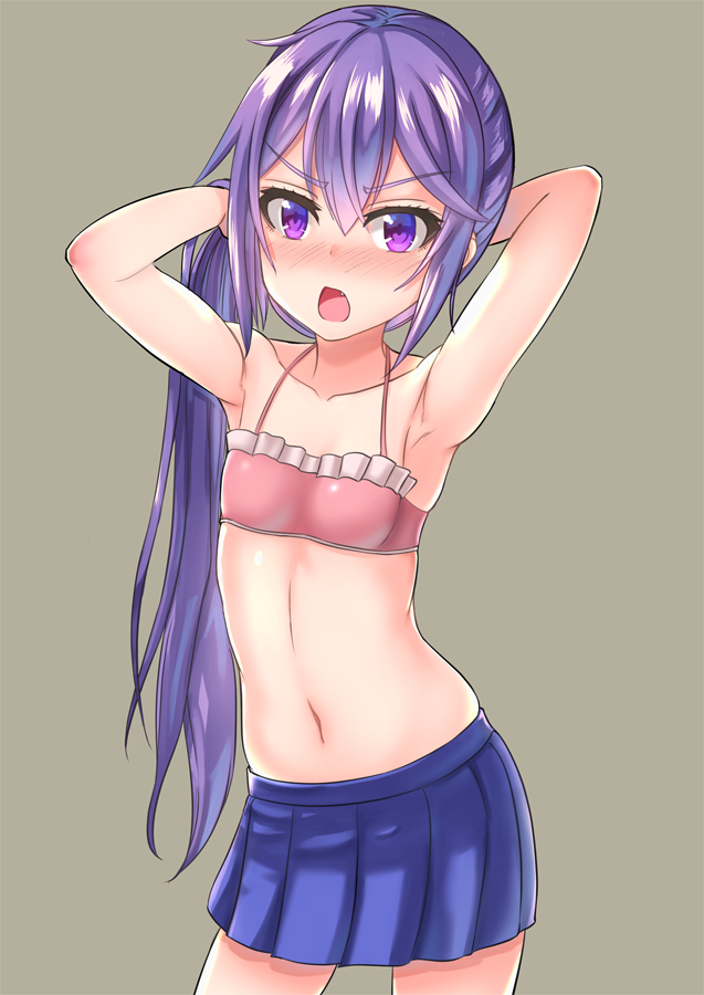 1girl adjusting_hair akebono_(kantai_collection) bangs bikini blue_skirt blush breasts eyebrows_visible_through_hair fang frilled_bikini frills grey_background kantai_collection long_hair mitsuki_yuuya navel nose_blush open_mouth pleated_skirt ponytail purple_hair simple_background skirt small_breasts solo standing swimsuit swimsuit_under_clothes violet_eyes