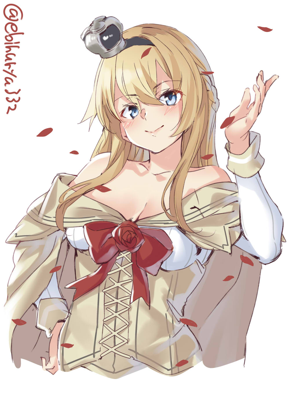 1girl blonde_hair blue_eyes braid corset crown dress ebifurya flower french_braid highres kantai_collection long_hair long_sleeves mini_crown off-shoulder_dress off_shoulder petals red_flower red_ribbon red_rose ribbon rose simple_background smile solo twitter_username upper_body warspite_(kantai_collection) white_background white_dress