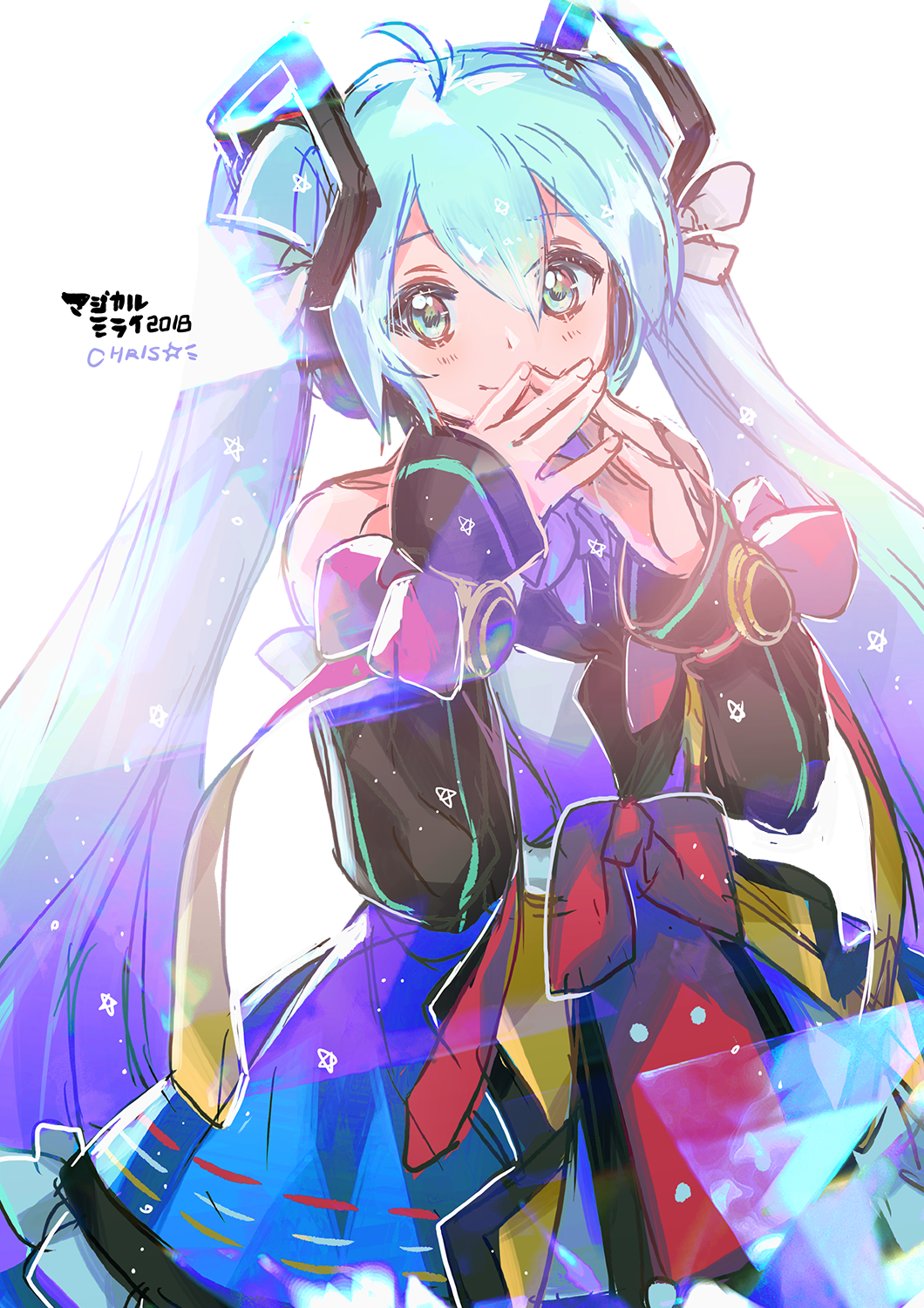 1girl 2018 arms_at_sides artist_name bare_shoulders blue_eyes blue_hair blurry blurry_foreground blush bokeh chris4708 colorful commentary_request depth_of_field detached_sleeves dress eyebrows_visible_through_hair fingernails fingers_to_mouth fingers_together hair_between_eyes happy hatsune_miku highres light_particles long_hair looking_away magical_mirai_(vocaloid) multicolored multicolored_clothes multicolored_dress pink_ribbon ribbon simple_background sleeveless sleeveless_dress smile solo standing star starry_background translated twintails upper_body very_long_hair vocaloid white_background