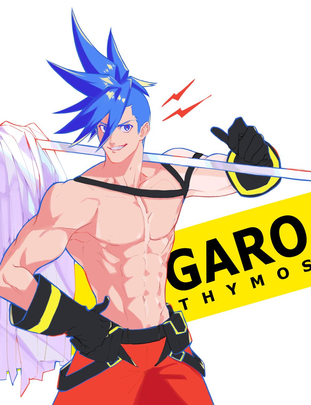 1boy blue_eyes blue_hair character_name galo_thymos gloves highres juu_satoshi looking_at_viewer male_focus matoi muscle promare shirtless solo spiky_hair