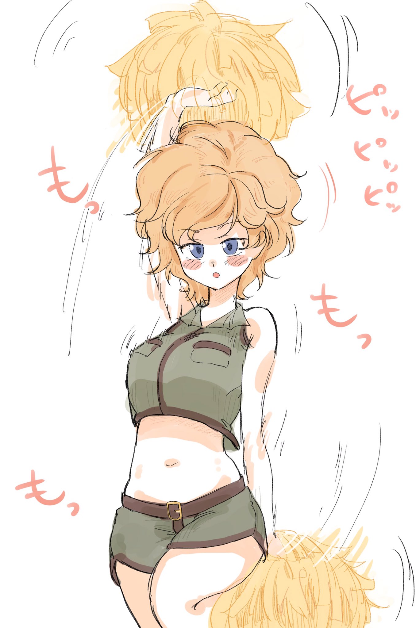 1girl :o adapted_costume arms_up belt black_belt blue_eyes blush cheerleader collared_shirt commentary eyebrows_visible_through_hair girls_und_panzer green_shirt green_shorts gym_shorts highres holding_pom_poms kamonohashi_(girls_und_panzer) koala_forest_military_uniform leg_up looking_at_viewer messy_hair motion_blur motion_lines navel orange_hair pom_poms shirt short_shorts short_sleeves shorts simple_background sleeveless sleeveless_shirt solo standing toku_(yhpv8752) white_background