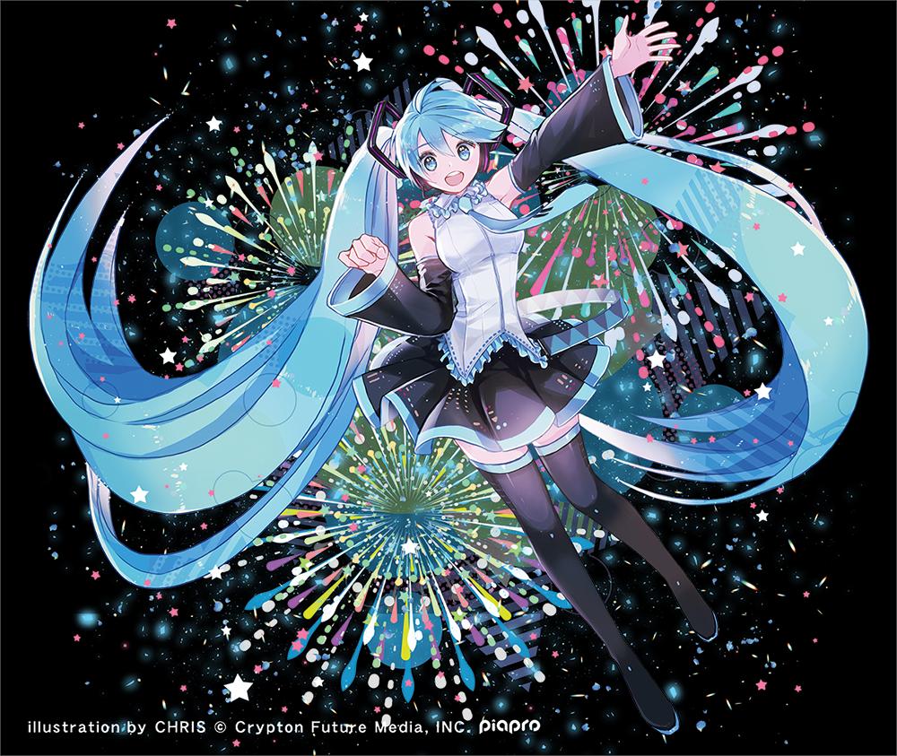 1girl :d arm_at_side armpits artist_name bangs bare_shoulders black_background black_legwear black_skirt blue_eyes blue_hair blue_neckwear breasts chris4708 circle clenched_hand colorful commentary_request crypton_future_media detached_sleeves dutch_angle eyebrows_visible_through_hair fireworks floating_hair frilled_shirt frills full_body hair_between_eyes happy hatsune_miku large_breasts light_particles long_hair looking_at_viewer multicolored multicolored_background necktie official_art open_mouth outstretched_arm piapro pleated_skirt round_teeth shirt simple_background skirt sleeveless sleeveless_shirt smile solo star starry_background teeth thigh-highs twintails upper_teeth very_long_hair vocaloid watermark white_shirt zettai_ryouiki