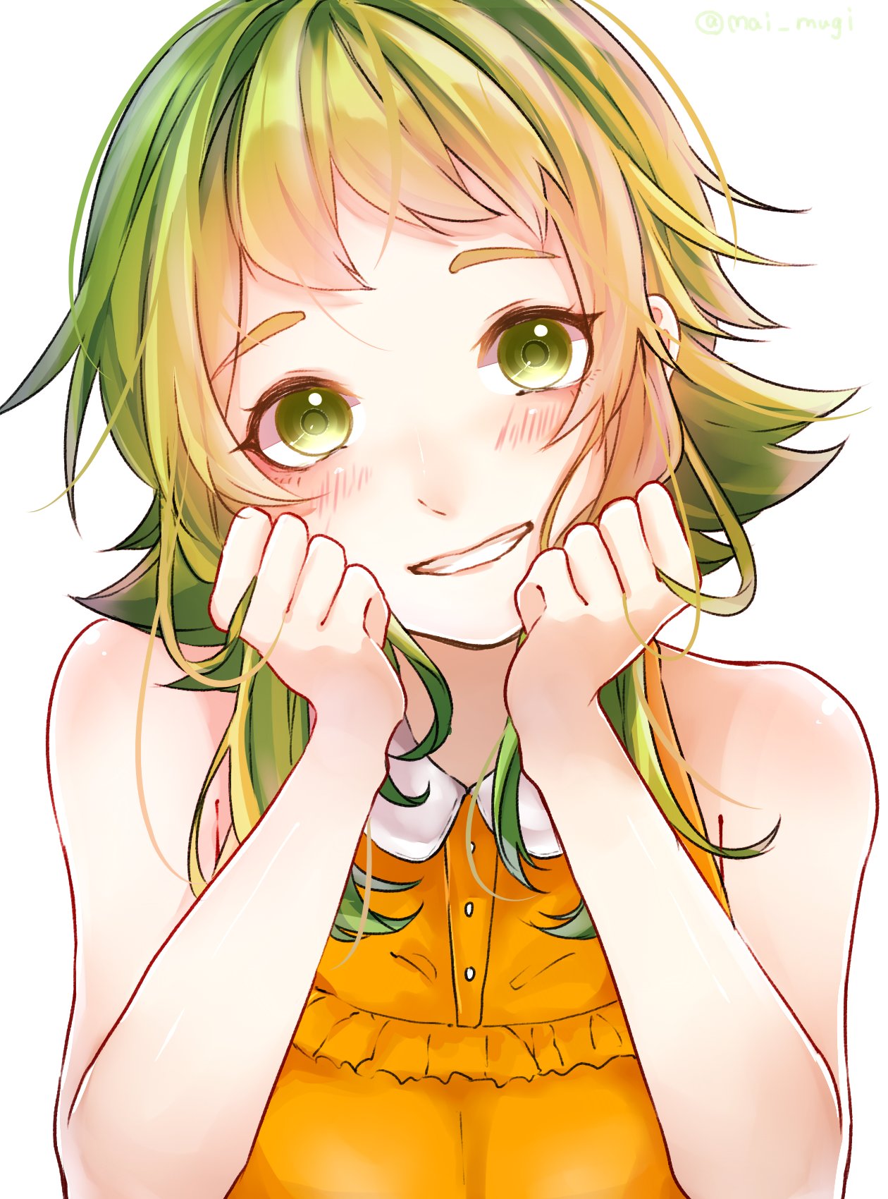 1girl bare_shoulders blush clenched_hands collar commentary frilled_shirt frills green_eyes green_hair gumi hands_on_own_cheeks hands_on_own_face head_rest highres looking_at_viewer mai_mugi open_mouth orange_shirt shirt short_hair_with_long_locks shoulder_blush sidelocks simple_background sleeveless sleeveless_shirt smile solo talking twitter_username upper_body vocaloid white_background white_collar