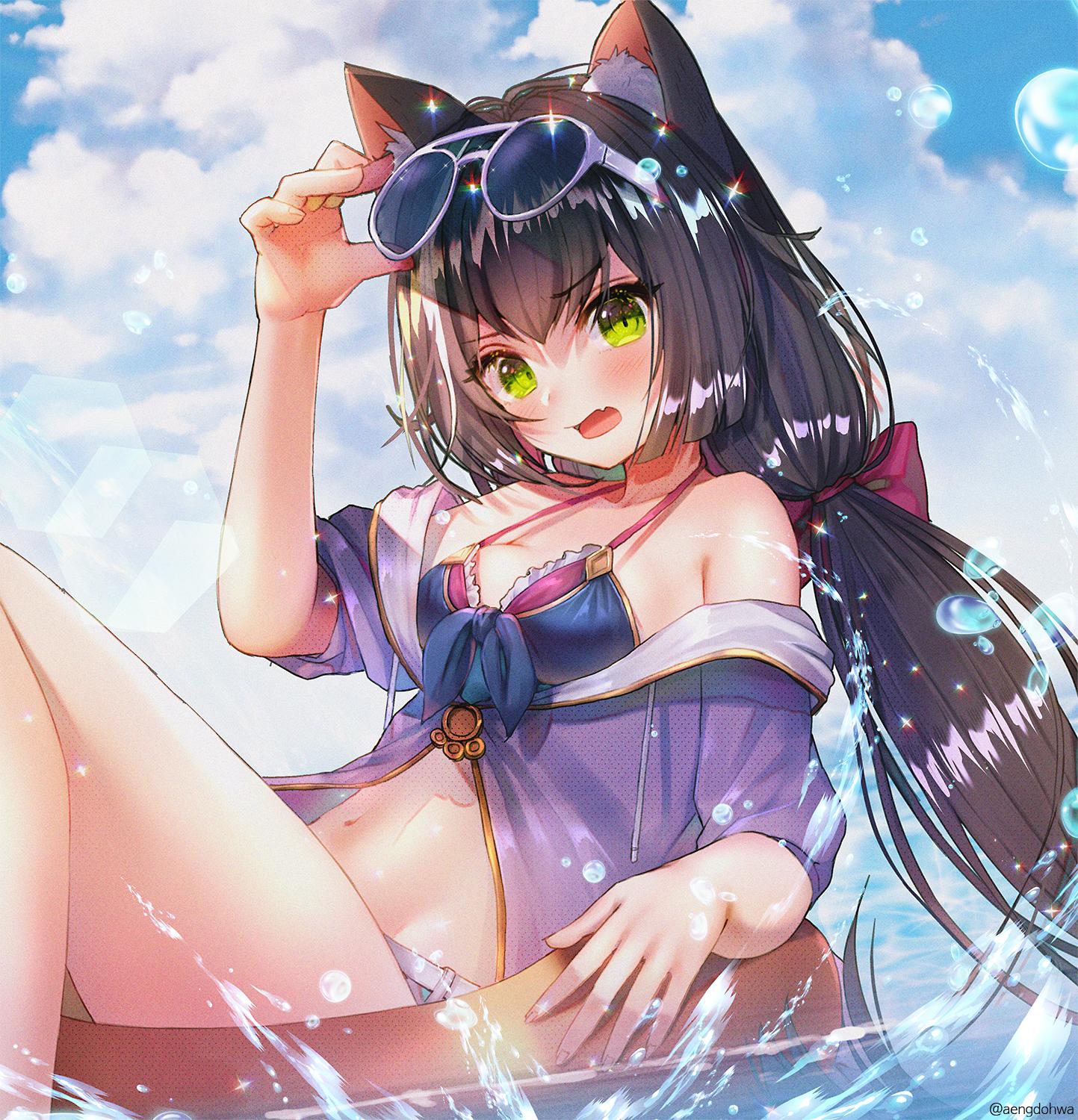 animal_ears black_hair cat_ears cat_girl cat_tail detached_sleeves dress green_eyes hanato_(seonoaiko) highres innertube_with_ears kyaru_(princess_connect) low_twintails multicolored_hair princess_connect! princess_connect!_re:dive sleeveless sleeveless_dress sunglasses swimsuit tail thigh-highs twintails