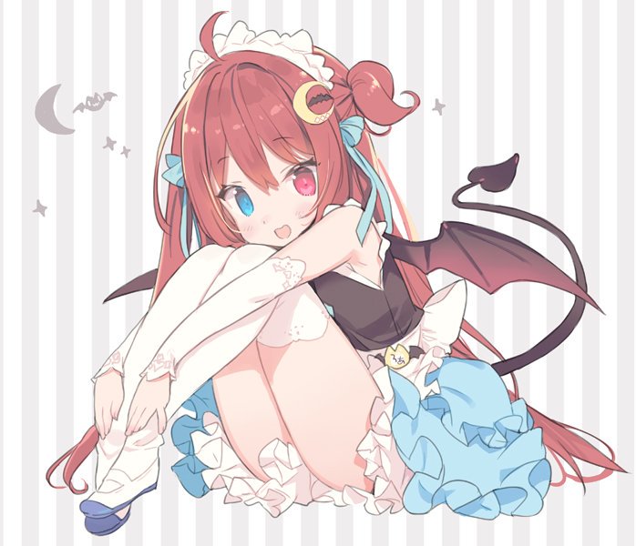 1girl :d ahoge apron black_vest black_wings blade_(galaxist) blue_eyes blue_skirt blush commentary crescent crescent_hair_ornament demon_girl demon_tail demon_wings detached_sleeves fingernails frilled_apron frilled_skirt frills full_body hair_ornament heterochromia knees_up layered_skirt long_hair long_sleeves maid_headdress nijisanji open_mouth outstretched_arm red_eyes redhead shirt shoes sitting skirt sleeveless sleeveless_shirt sleeves_past_wrists smile solo sparkle striped striped_background tail tail_raised thigh-highs two_side_up vertical-striped_background vertical_stripes very_long_hair vest virtual_youtuber waist_apron white_apron white_footwear white_legwear white_shirt white_sleeves wings yuzuki_roa