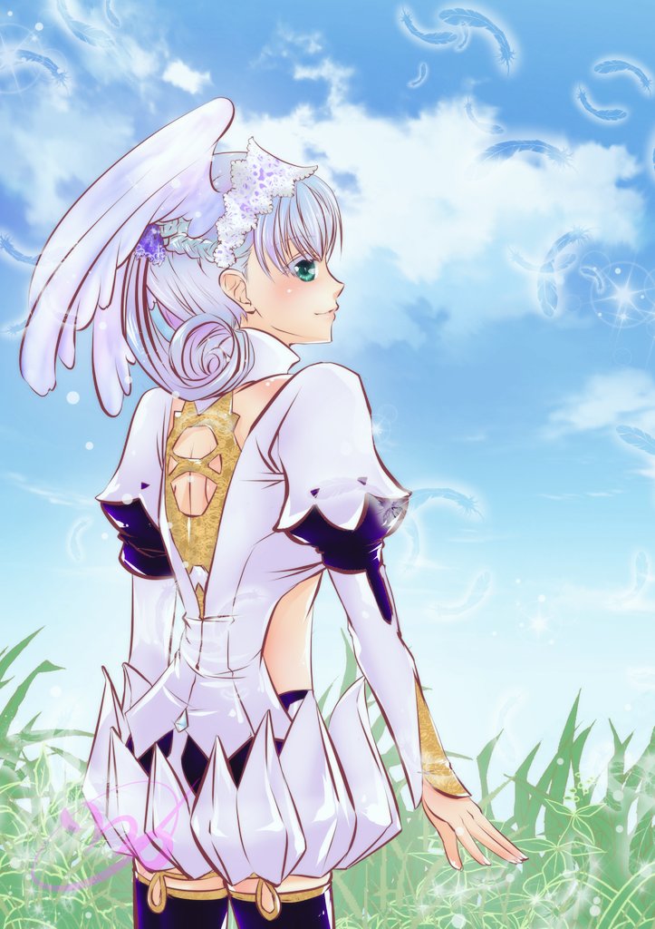 1girl artist_request blue_eyes blush breasts cape curly_hair elbow_gloves gloves hat head_wings long_hair looking_at_viewer medium_breasts melia short_hair silver_hair smile solo white_hair xenoblade_(series) xenoblade_1