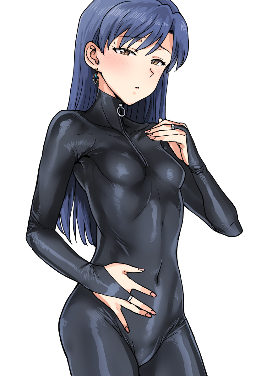 1girl :o bangs black_bodysuit blue_hair blush bodysuit breasts bridal_gauntlets brown_eyes covered_navel cowboy_shot earrings eyebrows_visible_through_hair half-closed_eyes hand_on_own_chest hand_on_own_stomach highres idolmaster jewelry kisaragi_chihaya latex latex_bodysuit long_hair looking_at_viewer nail_polish parted_lips pink_nails simple_background skin_tight small_breasts solo tsurui white_background zipper_pull_tab