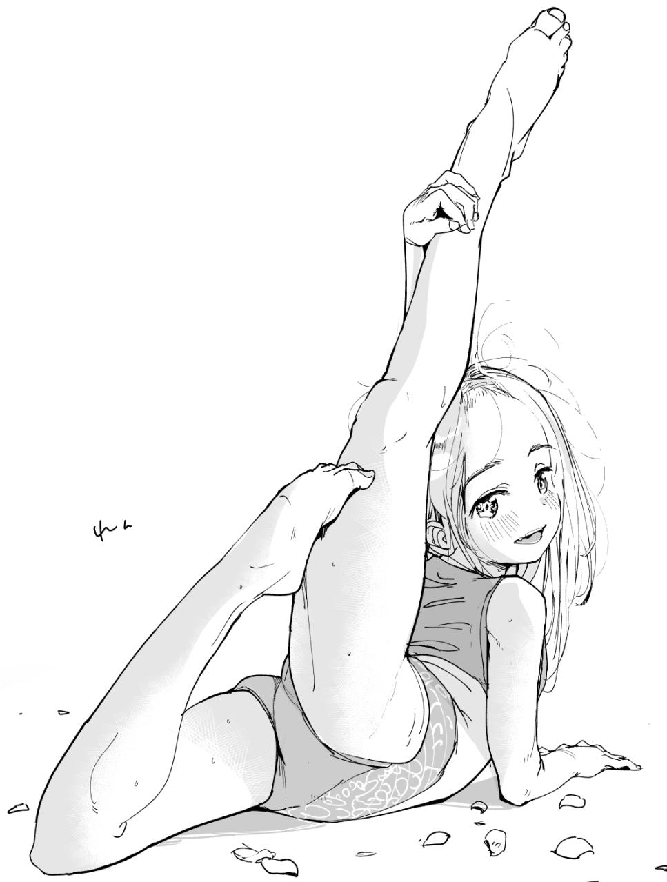 1girl ass barefoot blush from_behind gymnast_leotard gymnastics highres legs legs_up leotard looking_back lying masuda_(yousaytwosin) monochrome on_stomach open_mouth original simple_background sketch smile solo white_background